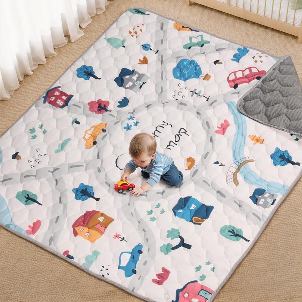 COMOMY Baby Play Mats for Floor, 180x200 cm Foldable Washable Baby Playmat for Playpen, Soft Thicken Padded Crawling Mat, Large Anti-Slip Activity Mat for Babies Toddlers and Kids, Greyish-White