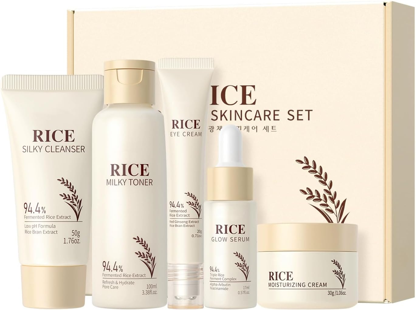 5PCS Rice Skin Care Sets & Kits, Korean Skincare Set- Cleanser, Toner, Serum, Eye Cream & Moisturizer, Christmas Birthday Gifts for Women Teenage Girls Mom Friend, Travel Skincare Set