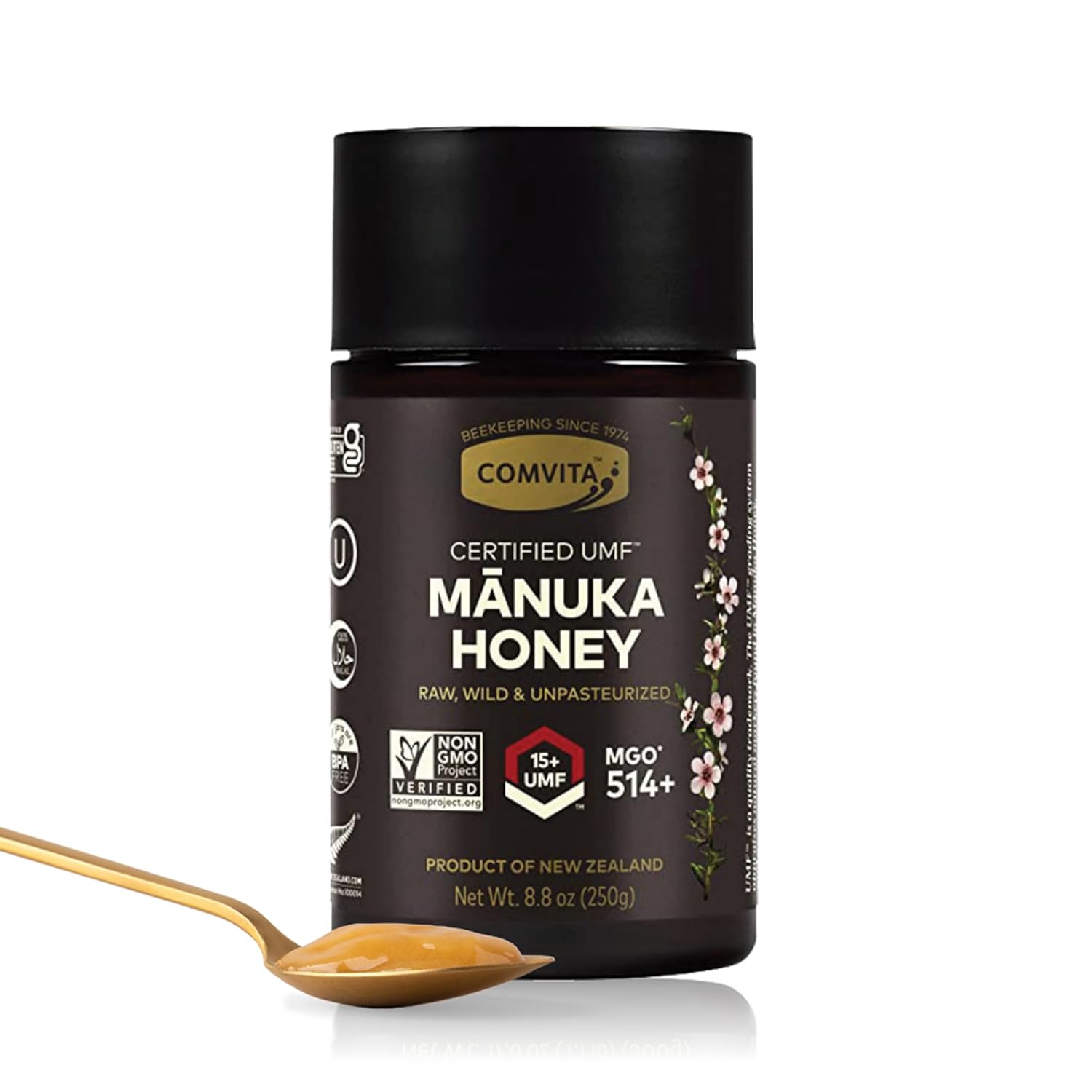 Comvita Manuka Honey UMF 15+ (MGO 514+) - Raw Manuka Honey New Zealand, Pure & Unpasteurized, Superfood for Immune Health, Use in Tea, Wild, Monofloral, Non-GMO - 250g (8.8 oz)