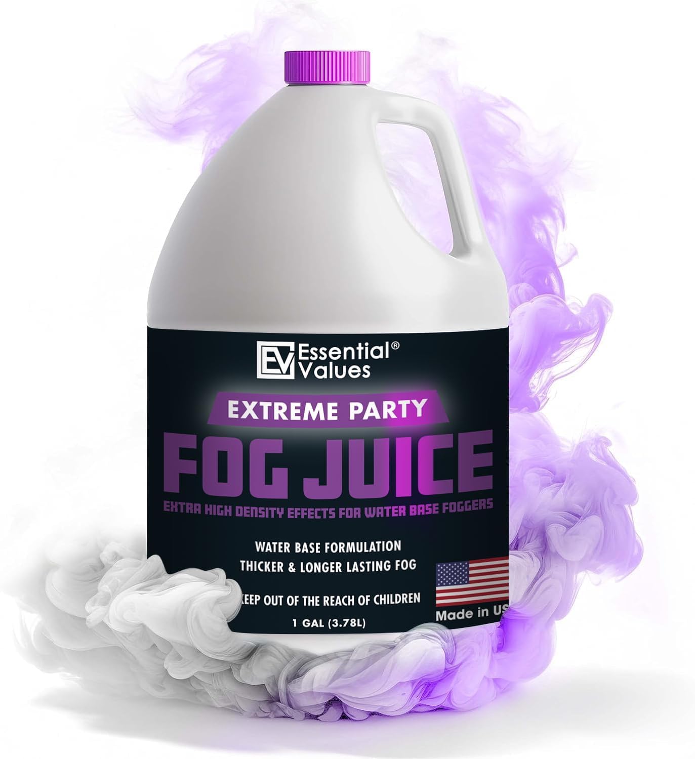 Essential Values Fog Machine Fluid - Extreme High Density (128 FL OZ / 1 Gallon) Manufactured in USA – White-Out Conditions with Lasting HEAVY Fog for Water Based Foggers Designed for 700 Watts+