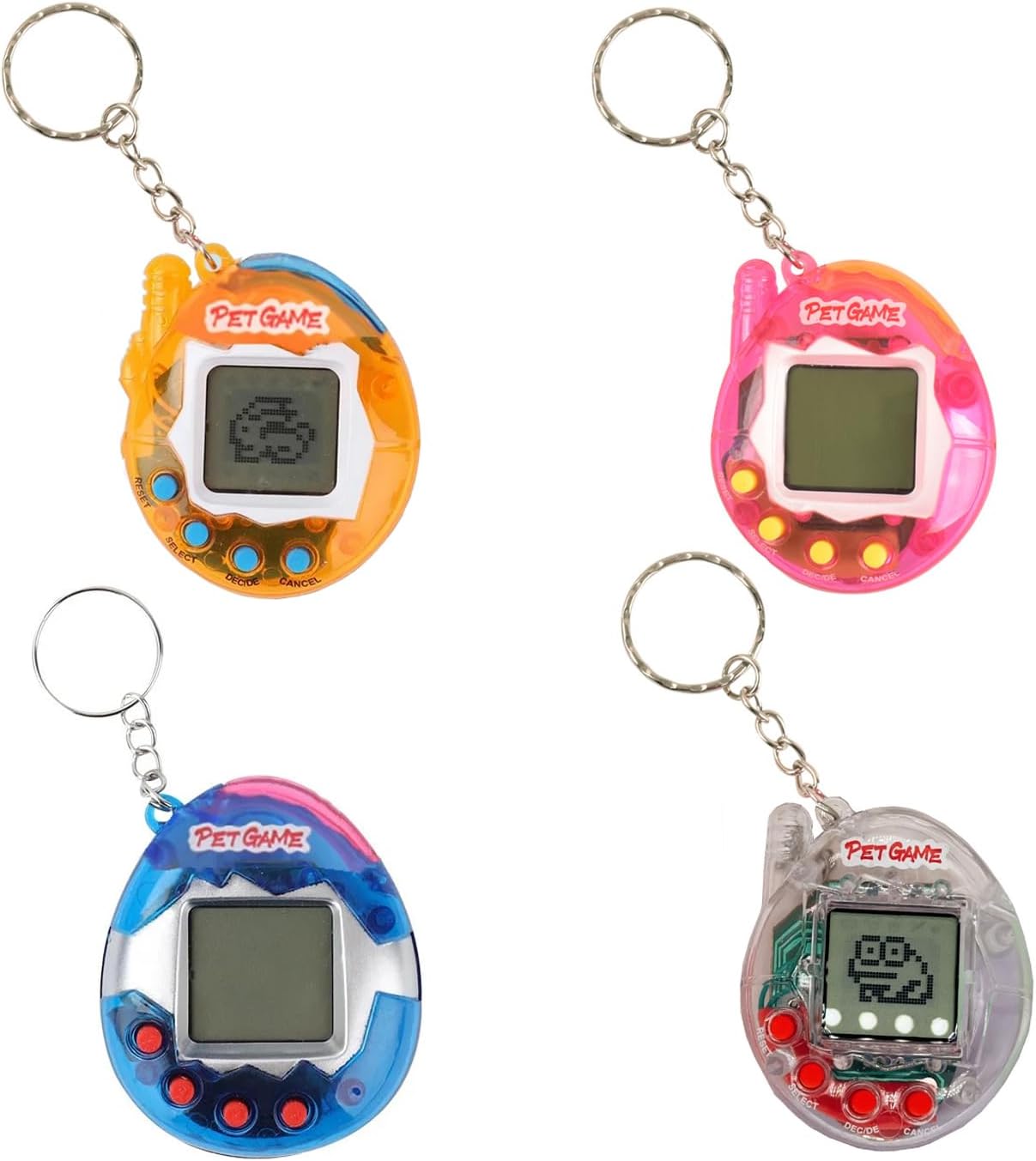 4 Pieces Virtual Electronic Digital Pets Keychains Nostalgic 168 Giga Pets in One Virtual Cyber Digital Nostalgic Handheld Electronic Toys for Kids Funny Play (Transparent Color Version)