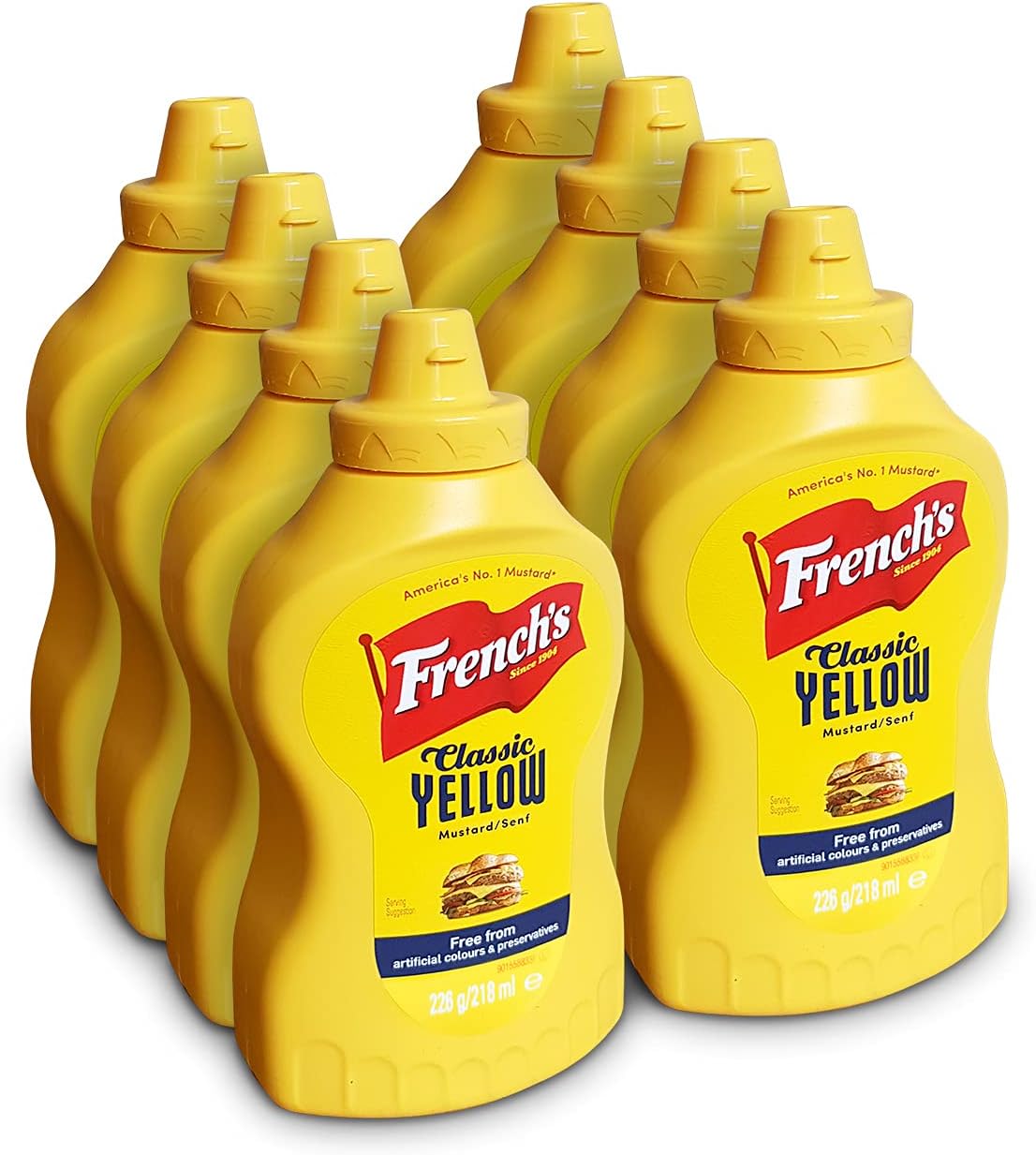 French's Classic Yellow Mustard 226 G | Pack of 8 | Wholesome, Tangy, Traditional Taste | Perfect for Cheese Burgers, Hot Dogs, Roasted Vegetables, and Chicken Salads