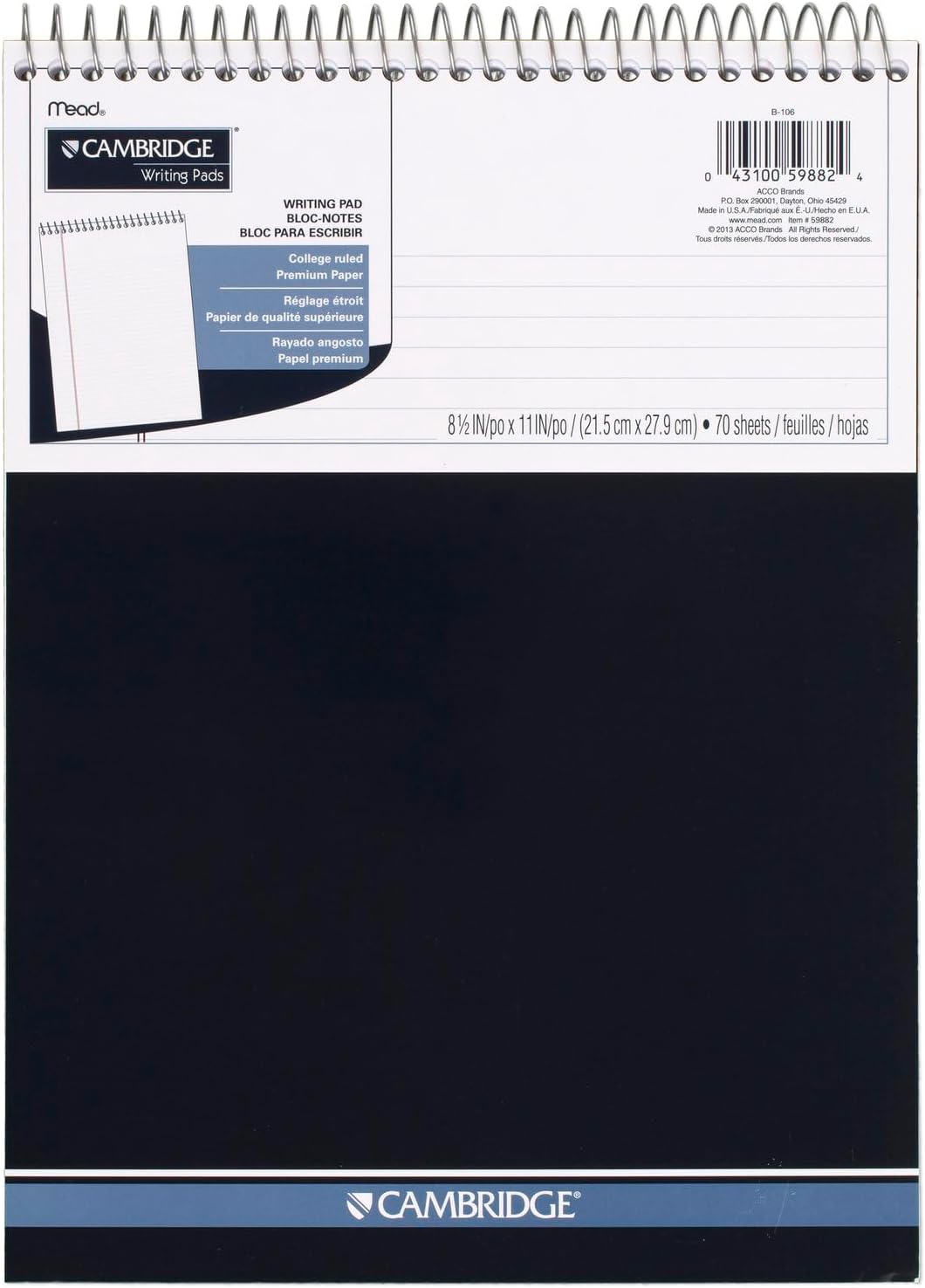 Cambridge Notebook, Business Notebook, 8-1/2" x 11", 70 Sheets, College Ruled, Top Wirebound, Navy (59882)