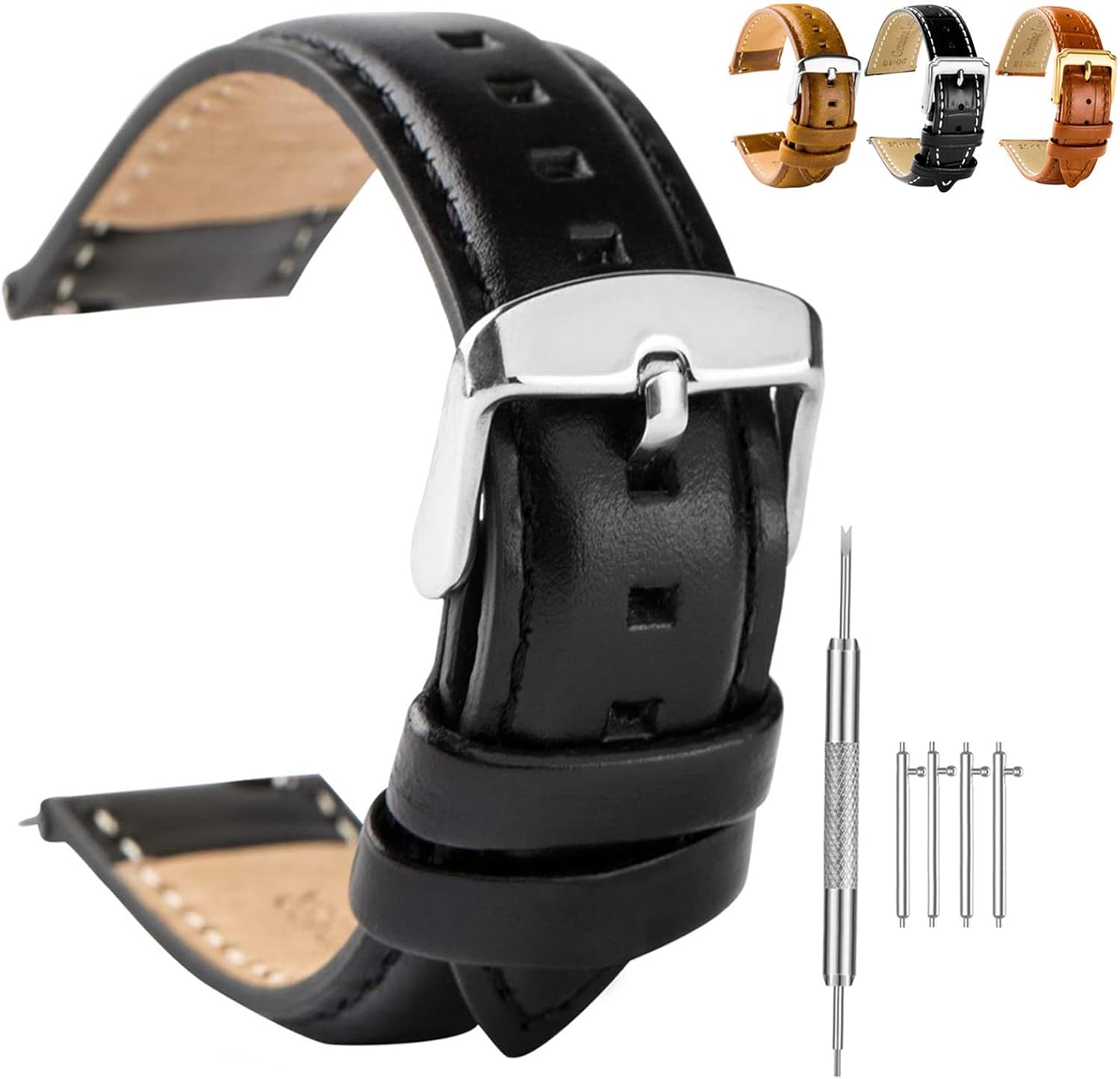 Spolife Leather Watch Straps for Men, Genuine Leather Replacement Bands, Stainless Steel Buckle, Quick Release Replacement Watchbands 16mm 18mm 19mm 20mm 22mm (with Watchstrap Pins,Repair Tool)