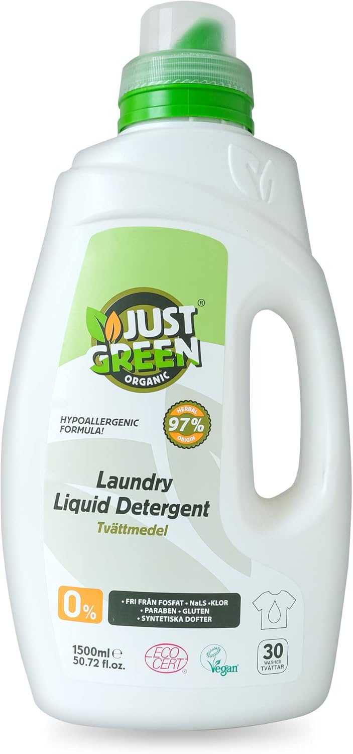 Just Green Organic Laundry Liquid 1500ml, Non-Toxic Formula, Vegan & Eco-Friendly Washing Liquid Detergent, Safe Baby Detergent, Recyclable Packaging
