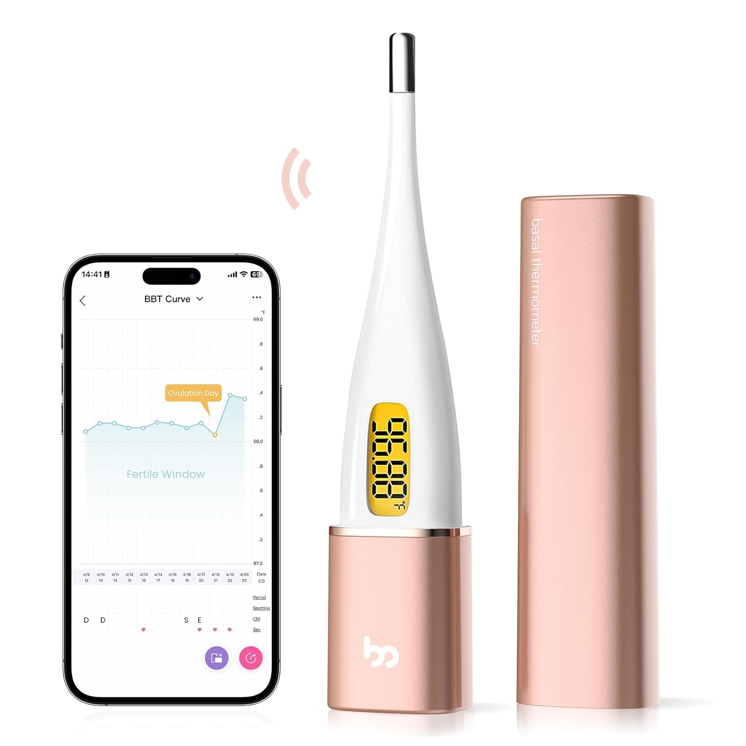 Femometer Smart Basal Body Thermometer, BBT Thermometer with Backlight LED Screen, Fertility/Period Tracker with Femometer APP, Automatic Data Recording, Lipstick Shape, Easy to Use and Carry, Gold