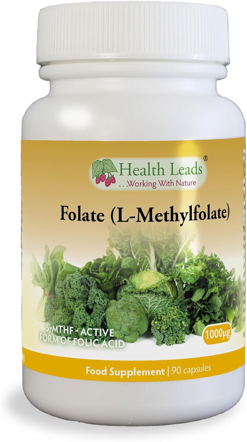 Folate (L-Methylfolate) 1000μg x 90 Capsules, 5-MTHF Active Form of Folic Acid/Vitamin B9, Please See Our 400mcg Version for Pregnancy, Magnesium Stearate Free, Made in Wales