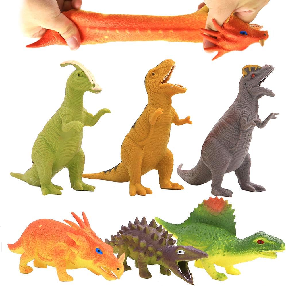 ValeforToy Dinosaur Toy,8 inch Rubber Dinosaur Set(6 Pack),Super Stretches Material TPR with Gift Bag, Realistic Dinosaur Figure Toy for Boy Kid Party Favor