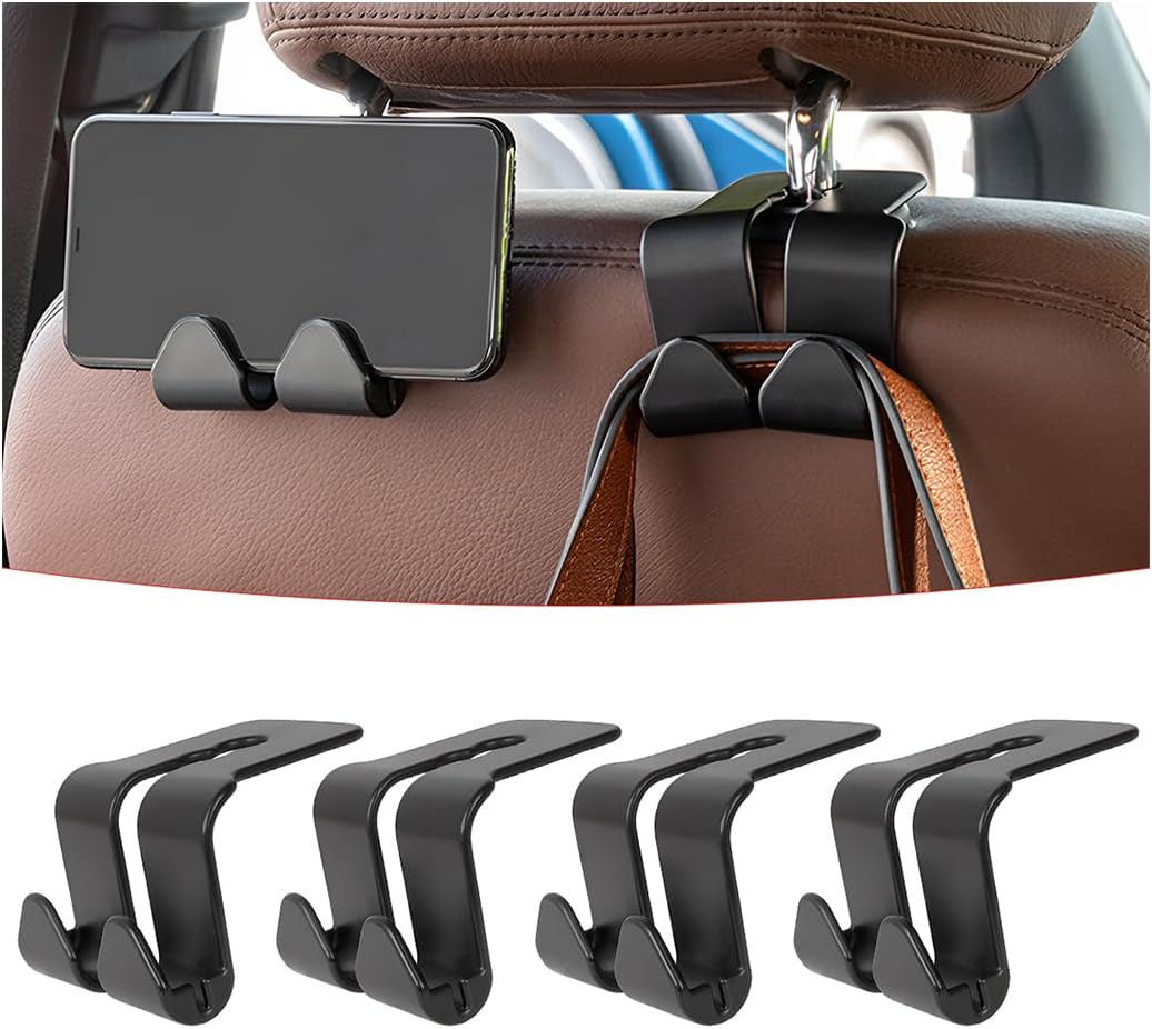 CGEAMDY 4 Pcs Car Headrest Hook, Dual Hangers for Auto Seat Back, 2 in 1 Seat Head Rest Hanger, Auto Interior Storage Organizer for Purse Bag Coat Grocery, Phone Holder, Fit for All Cars (Black)