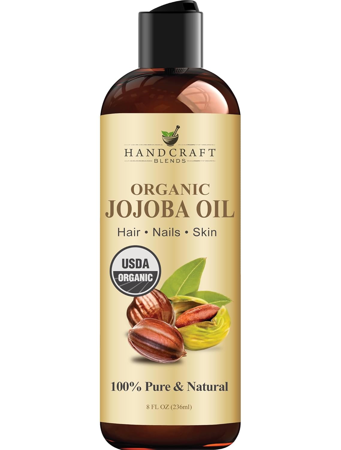Handcraft Blends USDA Organic Jojoba Oil - Cold-Pressed 8 Fl Oz - 100% Pure and Natural - Premium Grade Carrier Oil for Skin and Hair - Hair and Body - Massage - Hexane-Free