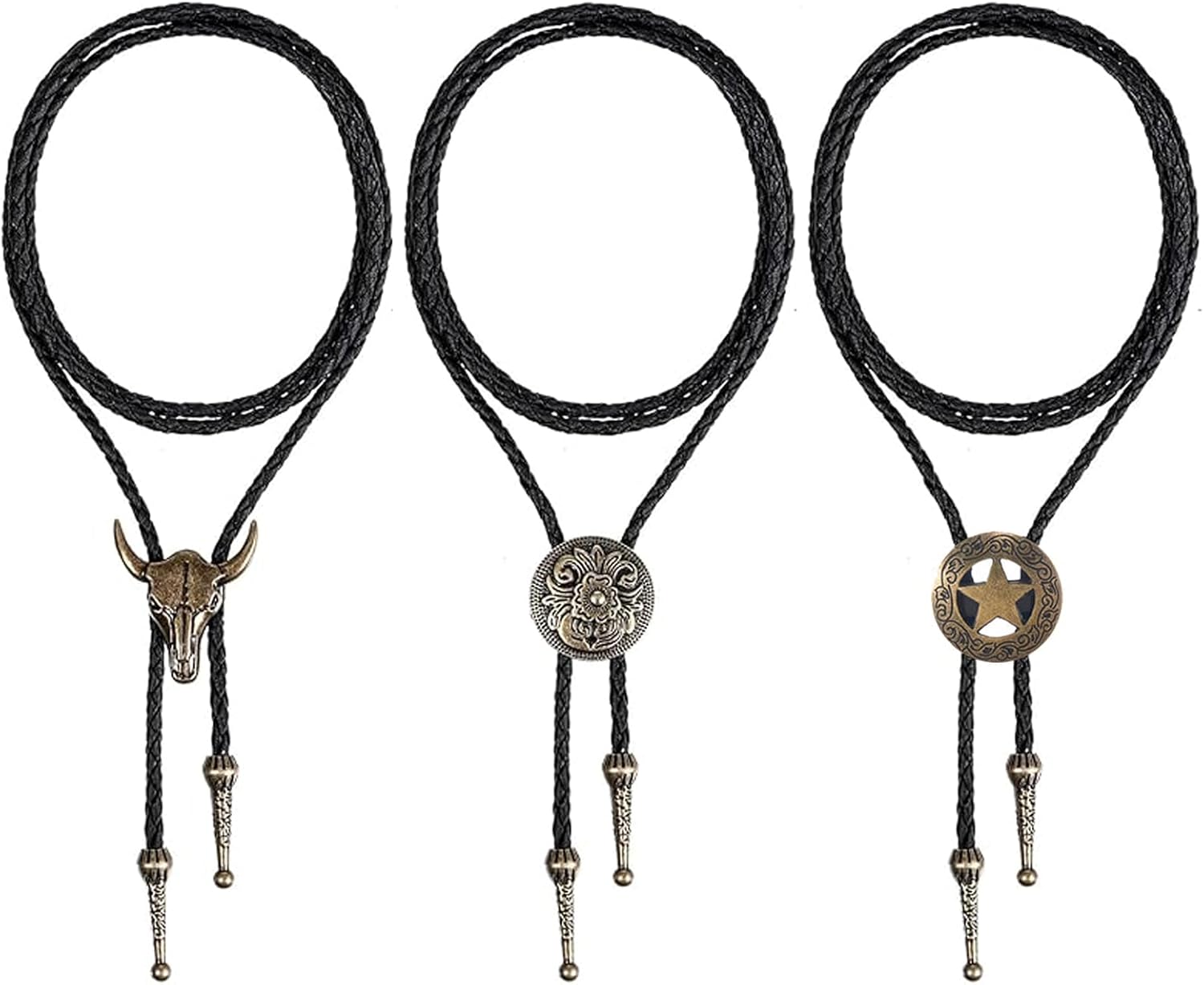3 Piece Cowboy Necklace, Bolo Tie Set for Men and Women, Western Cowboy Accessories for Halloween and Retro Style, Includes Star, Bull Head, and Pattern Designs in Antique Bronze Finish