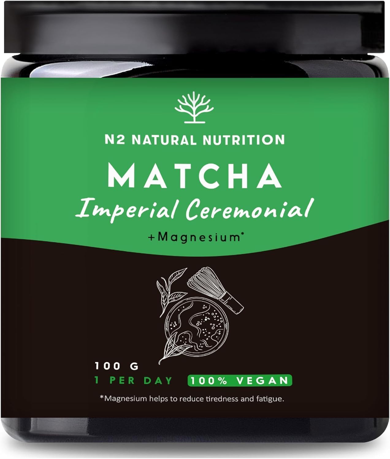 Imperial Ceremonial Grade Matcha Tea Powder + Magnesium Citrate, 100gr. Sourced from Uji, Japan, High dose, Vegan, Made in EU, Natural Energy and Focus, Detox superdrink. N2 Natural Nutrition