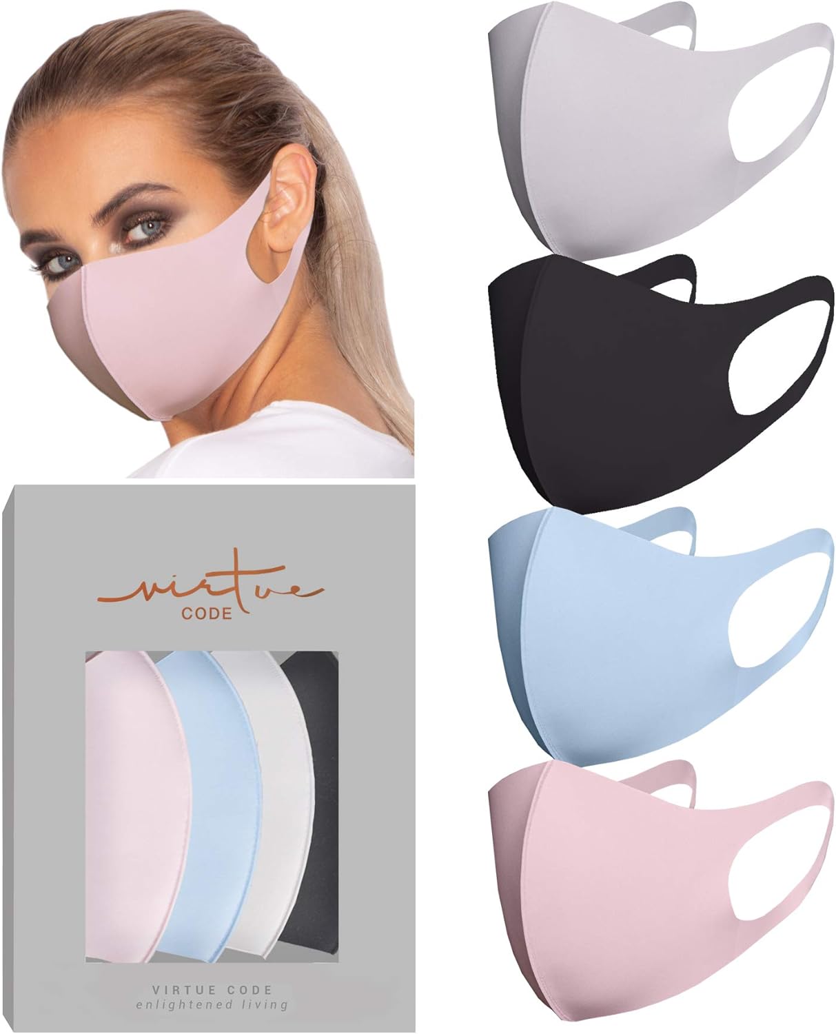 VIRTUE CODE Second Skin Cloth Face Mask Pack. 4 Buttery Soft Masks Washable Fabric - Pink, Baby Blue, Soft Grey and Black Face Mask Reusable. Stretchy, Comfortable, Fresh Facemask.