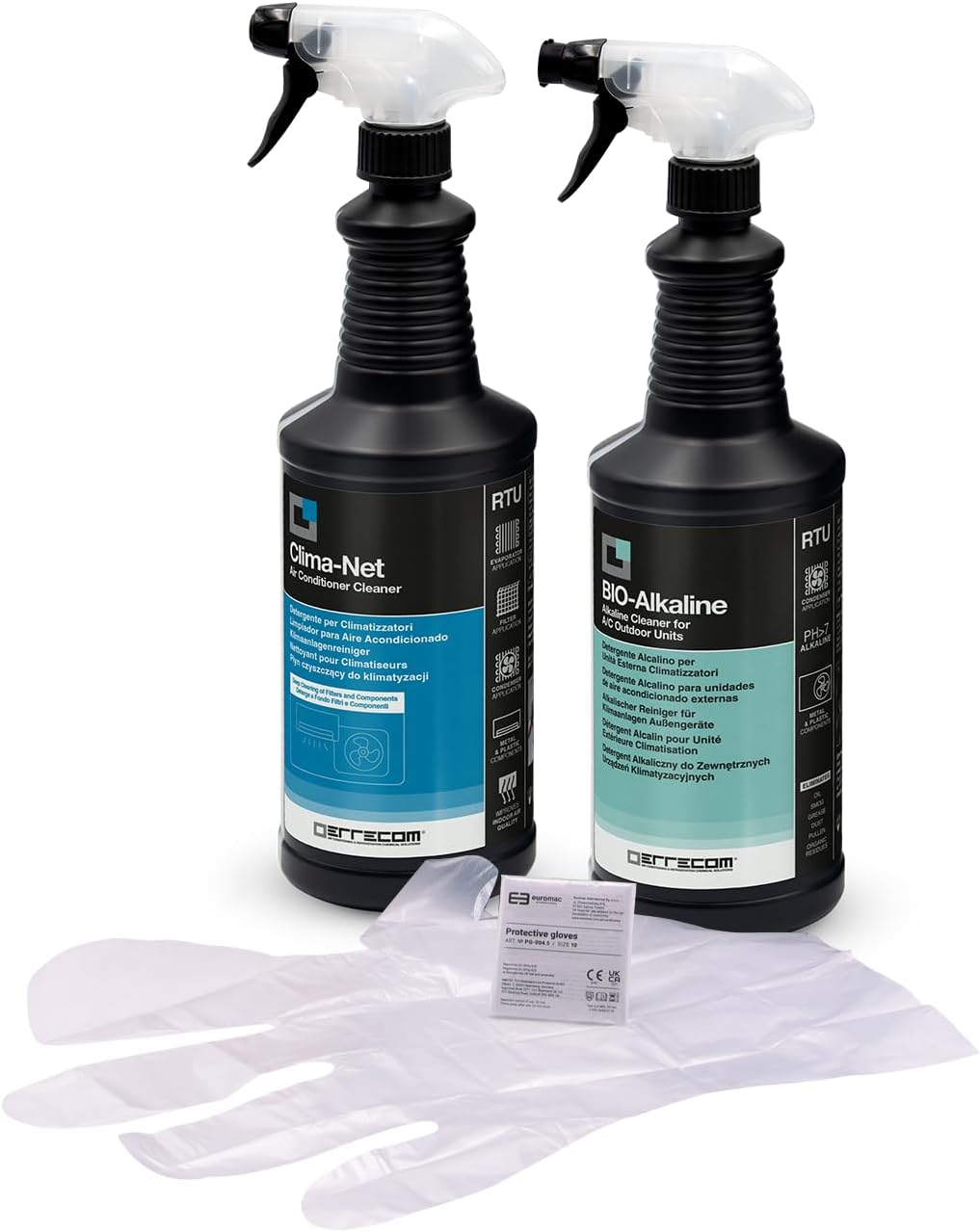 ERRECOM Cleaning Kit for Air Conditioners, includes 1 L bottle of Clima-Net, A/C Filter and Evaporator Cleaner, 1 L bottle of BIO-Alkaline, Alkaline Cleaner with Biodegradable Surfactants, Gloves