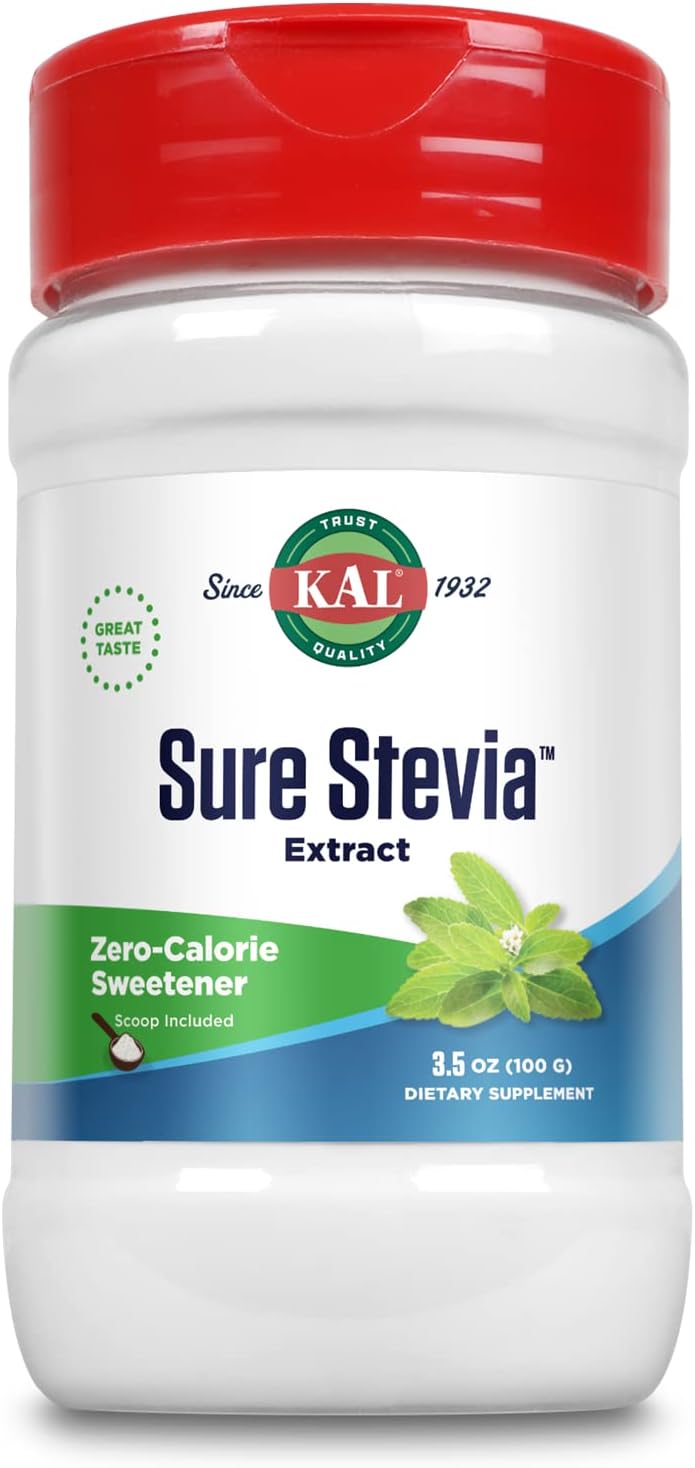 KAL Sure Stevia Extract Powder, Low Carb, Plant Based Stevia Sweetener, Great Taste, Zero Calories, Zero Sugar, Low Glycemic & Perfect for a Keto Diet, 60-Day Guarantee, Approx. 1820 Servings, 3.5oz