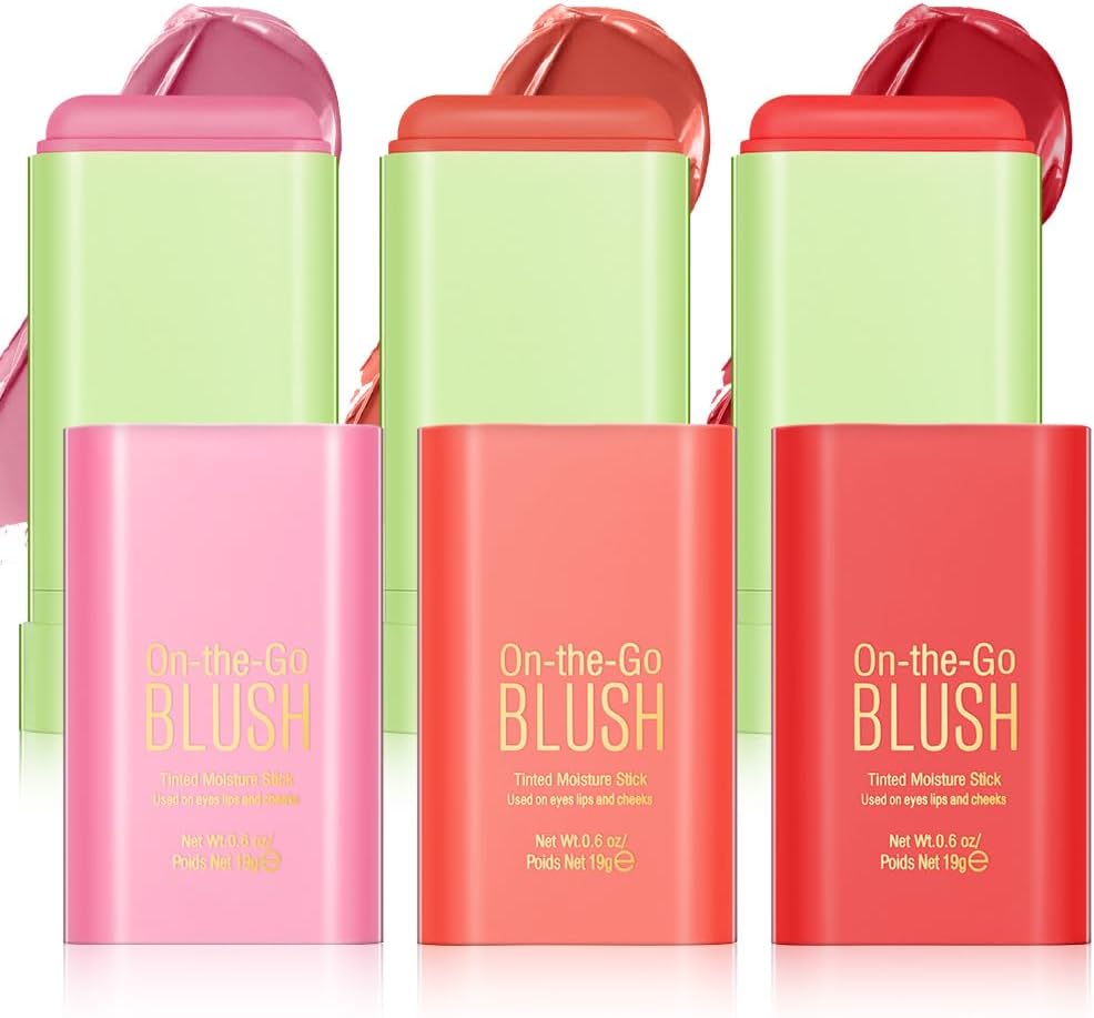 LOPHE 3Pcs Lipstick Blusher Stick, Long Lasting 3 in 1 Blush Stick for Cheeks Lips Eyes, Waterproof Lightweight Cream Blush, Moisturize and Blendable Blushers for Women Girls Cheeks Makeup