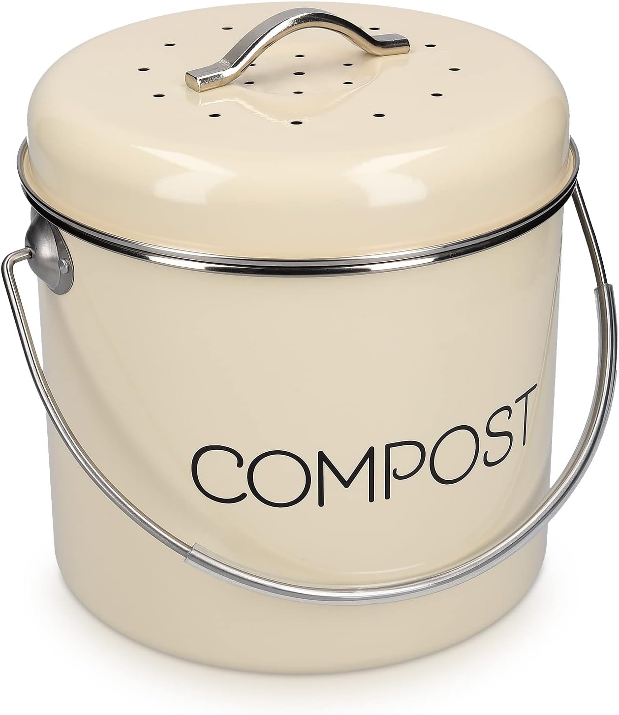 Navaris Metal Compost Caddy Bin - 3 Litre Kitchen Composting Bucket with Charcoal Filters and Lid for Indoor Organic Food Waste Recycling - Cream