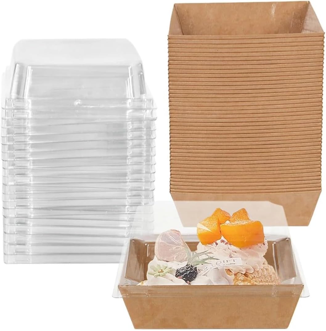 Hniuyun 50Pack Paper Charcuterie Boxes with Clear Lids, Brown Square Food Containers Dessert Boxes, for Bakery, Slice Cake, Cupcake, Sandwich and Cookies (12cm)