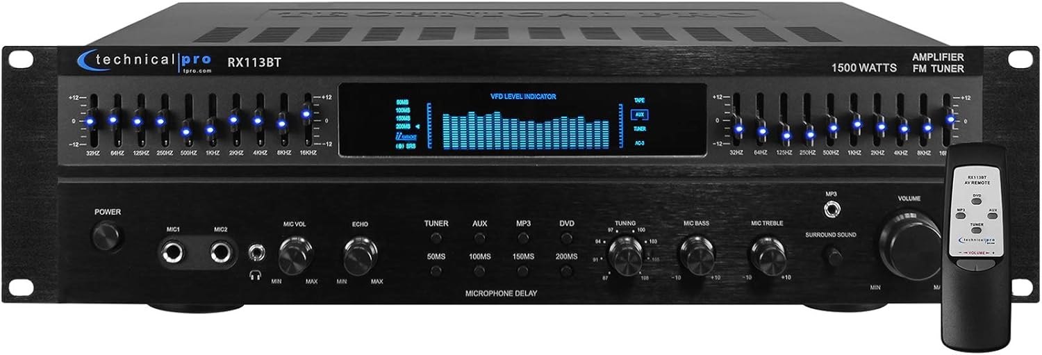 Technical Pro RX113BT 1500w Bluetooth Home Receiver Amplifier Amp w/ 10 Band EQ