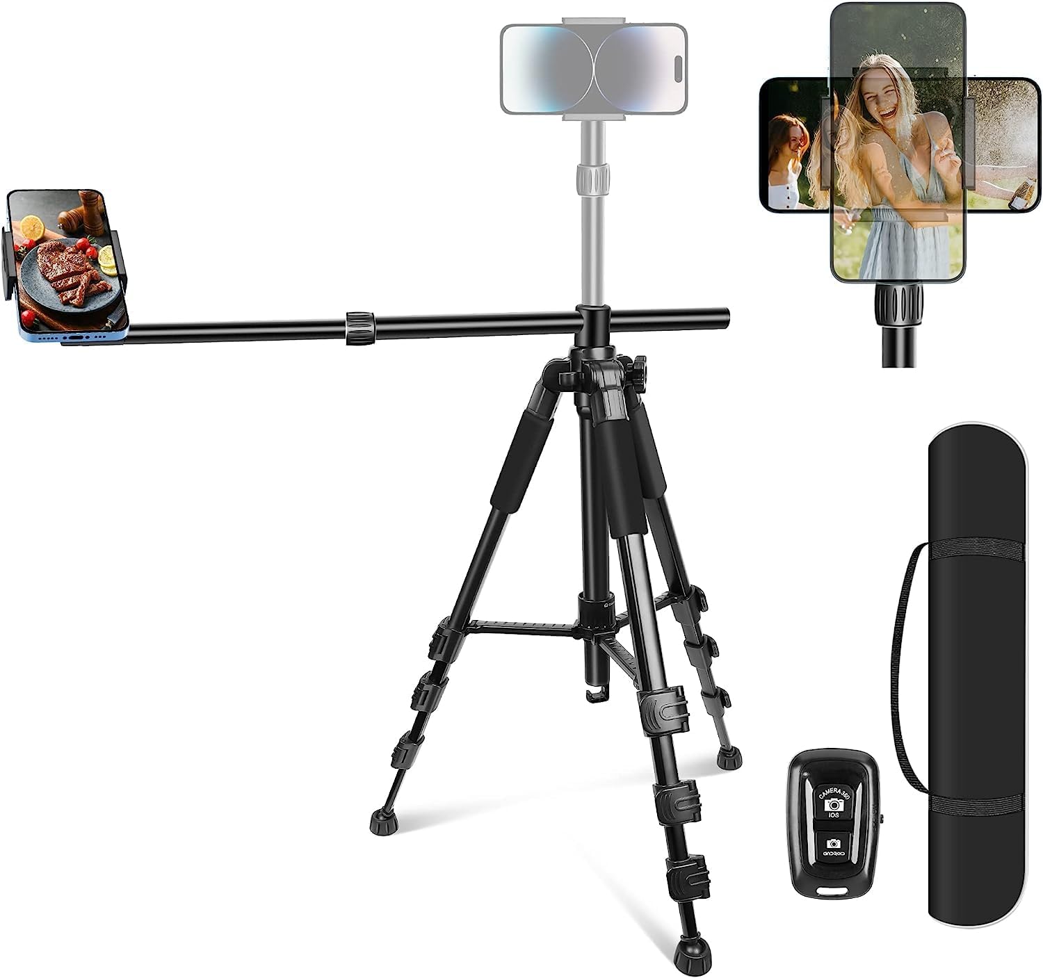 Elitehood iPhone Tripod for Overhead Video Recording [Heavy Duty & Ultra-Stable], 25in Horizontal Long Extendable Boom, 360° Rotation iPhone Tripod Stand with Remote, Vertical 71" Tall Phone Stand