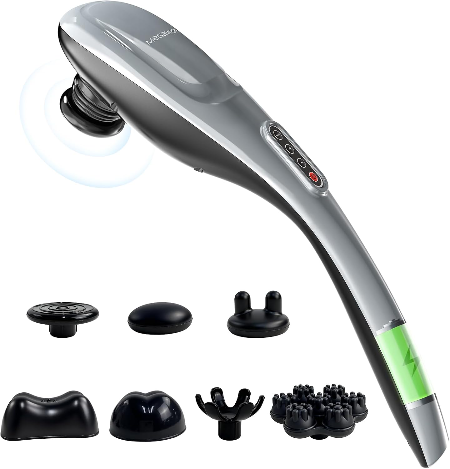 MEGAWISE Handheld Back Massager | Deep Tissue Percussion Massage for Back, Neck, Shoulders, Waist and Legs (Cordless Silver) | 5 massage modes, 5 speed levels, 7 interchangeable heads, 3600 rpm percussion, 15-minute auto shut-off, cordless design