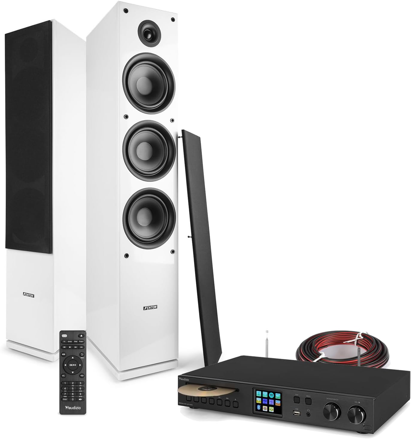 Fenton Floor Standing Tower Stereo System with Bluetooth Receiver, DAB+ CD Player, Internet Radio, Passive HiFi Speakers and 10m Cable, White Home Audio Setup