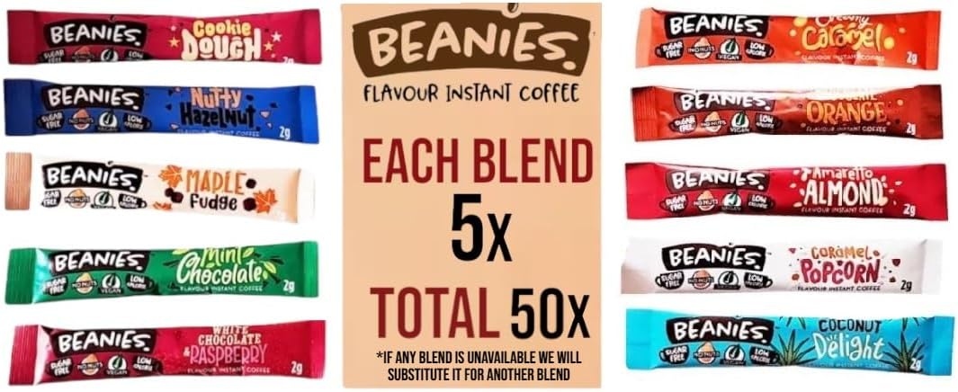 Beanies 50 Flavoured Coffee Sticks Variety Pack. 10 Different Blends