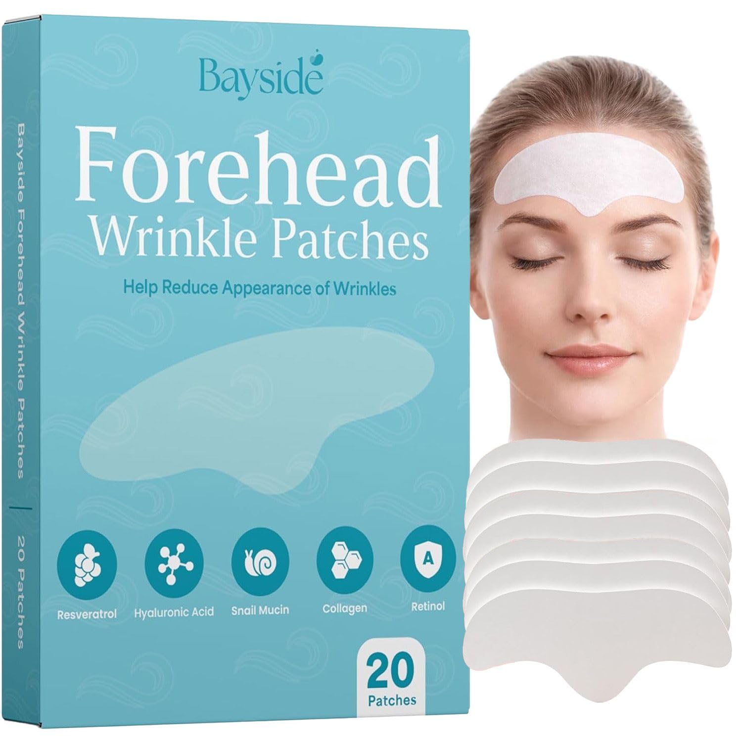Bayside Forehead Wrinkle Patches – 20 Anti-Aging Forehead Pads with Resveratrol, Hyaluronic Acid, Snail Mucin, Collagen & Retinol for the Appearance of Forehead Lines