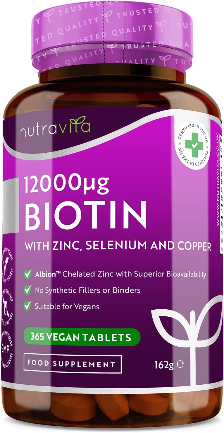 Biotin Hair Growth Supplement 12,000mcg with Zinc, Selenium & Copper - Full Year Supply 365 Vegan High Strength Biotin Tablets for Hair - Supports Hair, Skin & Nail Growth - Hair Growth - Nutravita