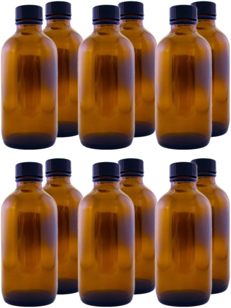 Pack of 12 - 4 oz Amber Glass Boston Round Bottles w/ Black Phenolic Cone Lined Caps