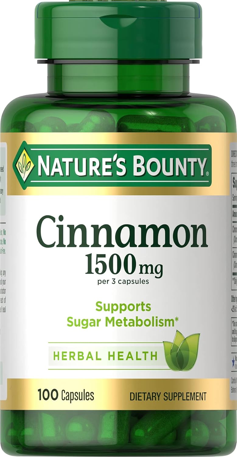 Nature's Bounty Cinnamon Capsules, Herbal Supplement, Supports Sugar Metabolism, 1500mg, 100 Capsules