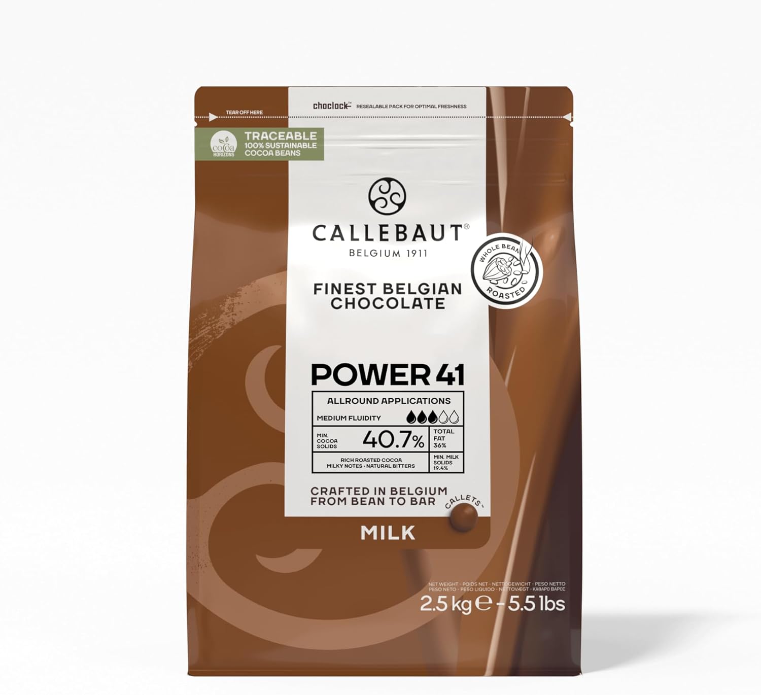 Callebaut Premium 41% Milk Chocolate Callets – 2.5 kg Bag – Medium Fluidity Couverture for Baking, Enrobing & Ganache