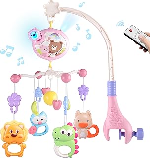 Crib Mobile with Music and Lights, Baby Mobiles for Cribs, Nursery Musical Mobile for Bassinets Toys Hanging Girls Boys, Pack and Play Space Portable Animal Mobile Hanger Arm Clip On Attachment