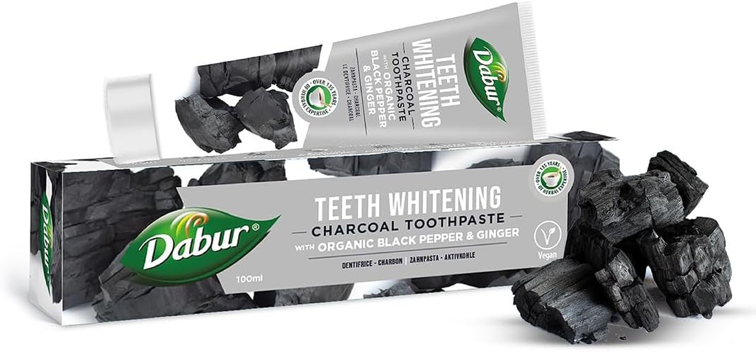 Dabur Charcoal Organic Toothpaste - 100ml | for Teeth Whitening, Brighter Smile & Healthy Gums | Natural Oral Care with Blend of Black Pepper & Ginger Extracts