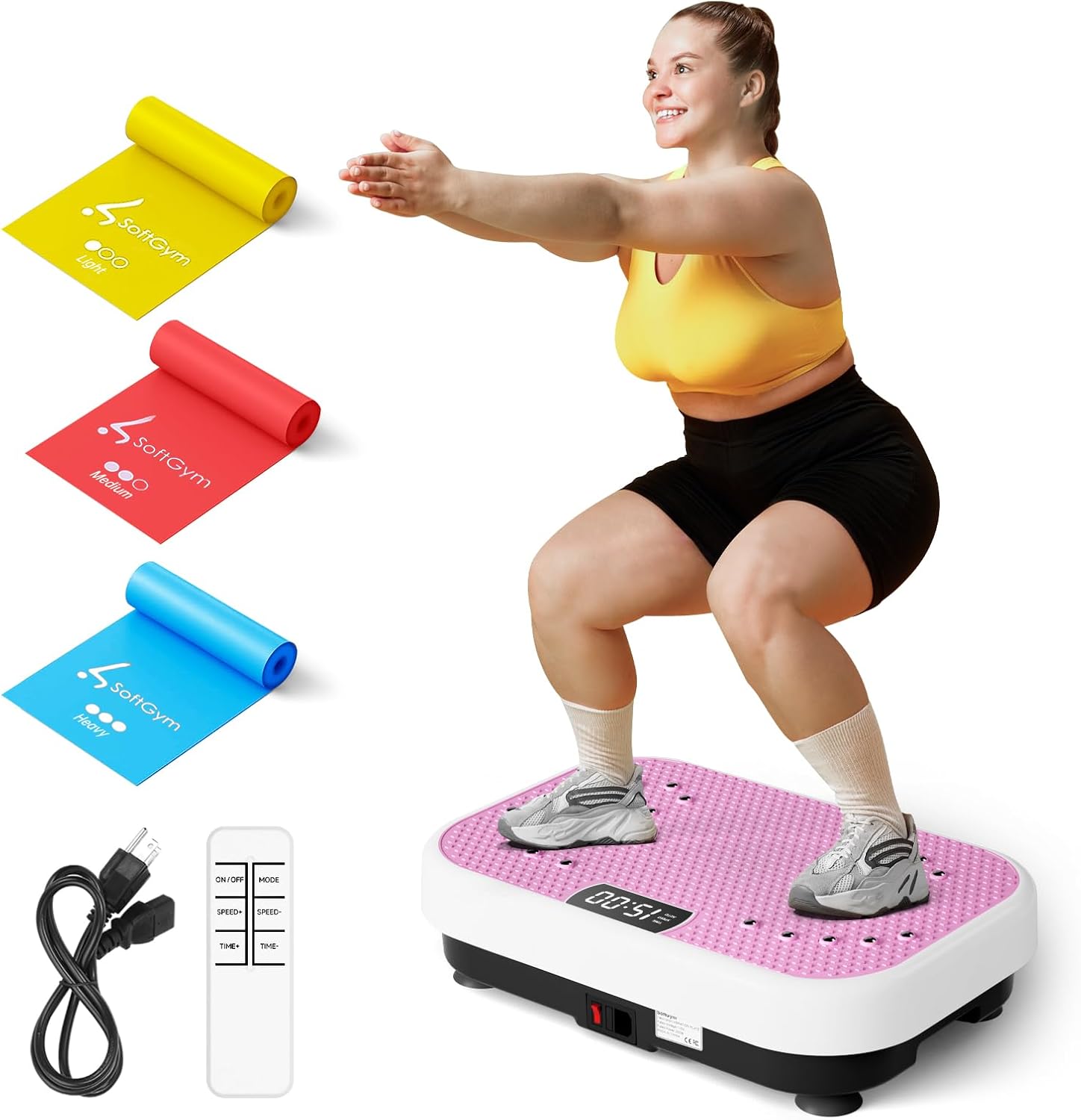 Vibration Plate Exercise Machine for Lymphatic Drainage,Softgym Power Vibrate Stand Shake Board 450 Lbs Capacity Whole Body Workout Waver with Resistance Bands Weight Loss Gifts for Women Men-Pink