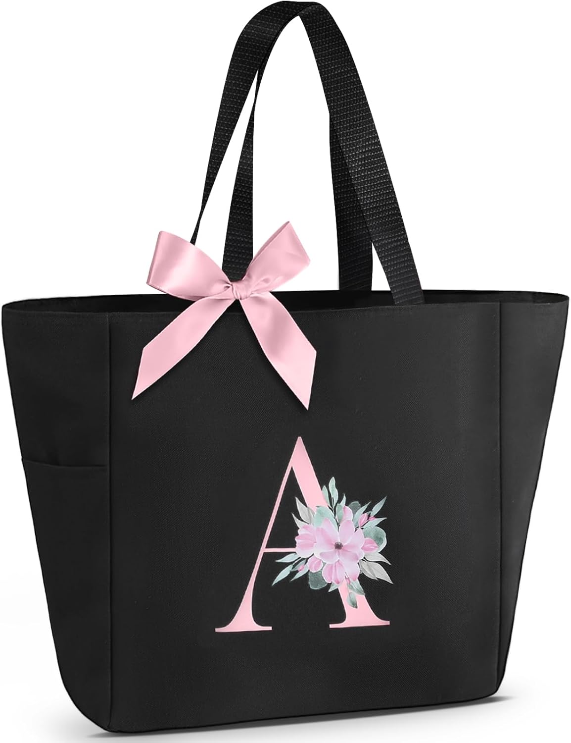 Vavabox A-Z Initial Personalized Tote Bag,Waterproof Gifts for Women, Bridesmaids,Mom,Teachers,Friends (A, Black)