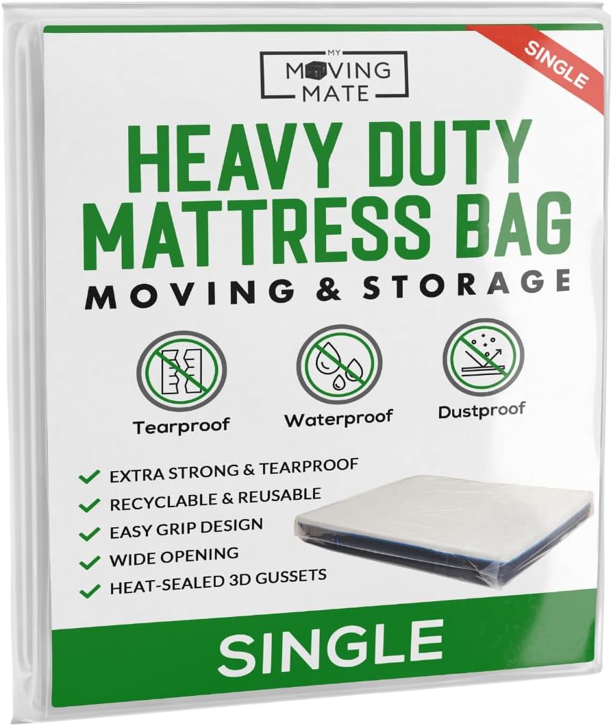 Single Size Mattress Bag for Moving and Storage - 5 Mil Mattress Cover for Moving and Storage - Mattress Protector Storage Bags - Heavy Duty, Reusable, Tearproof