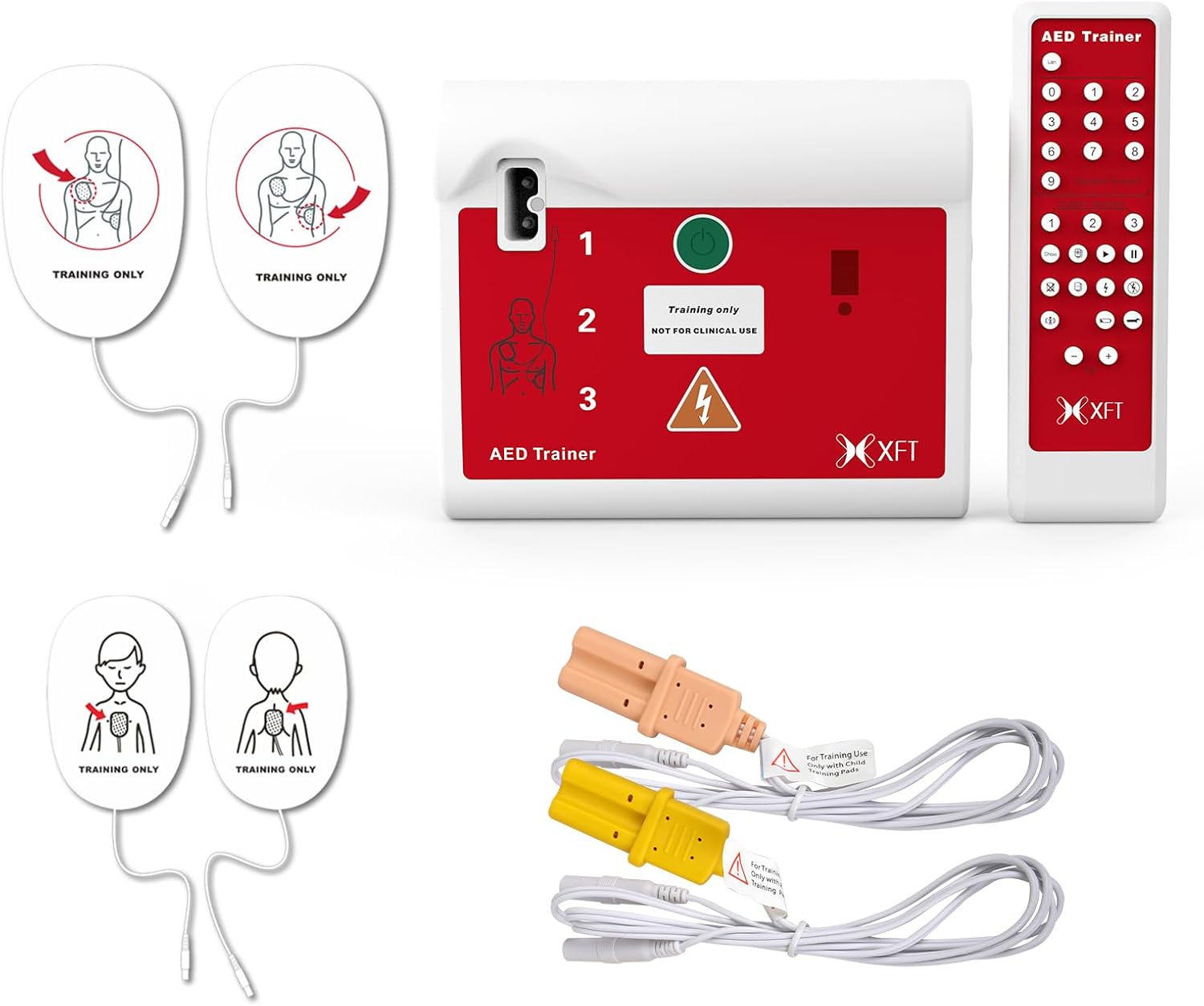 AED Trainer, Portable Defibrillator Trainer Set CPR Training Device with Remote Control, English and German Voice Prompts, 10 Different Scenarios, First Aid Defibrillator Trainee Beginner (XFT 120C)