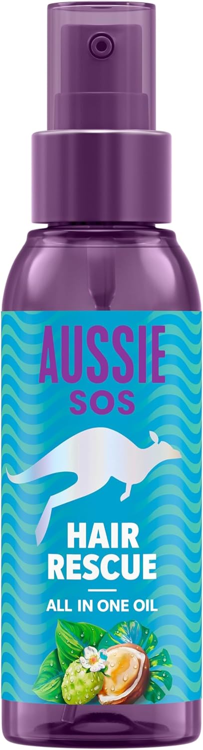 Aussie SOS Hair Rescue All In One Hair Oil 100ml to Detangle and Smoothen Hair While Helping Prevent Split Ends and Keeping Hair Hydrated For 100 Hours. Vegan Formula (Package may vary), Purple