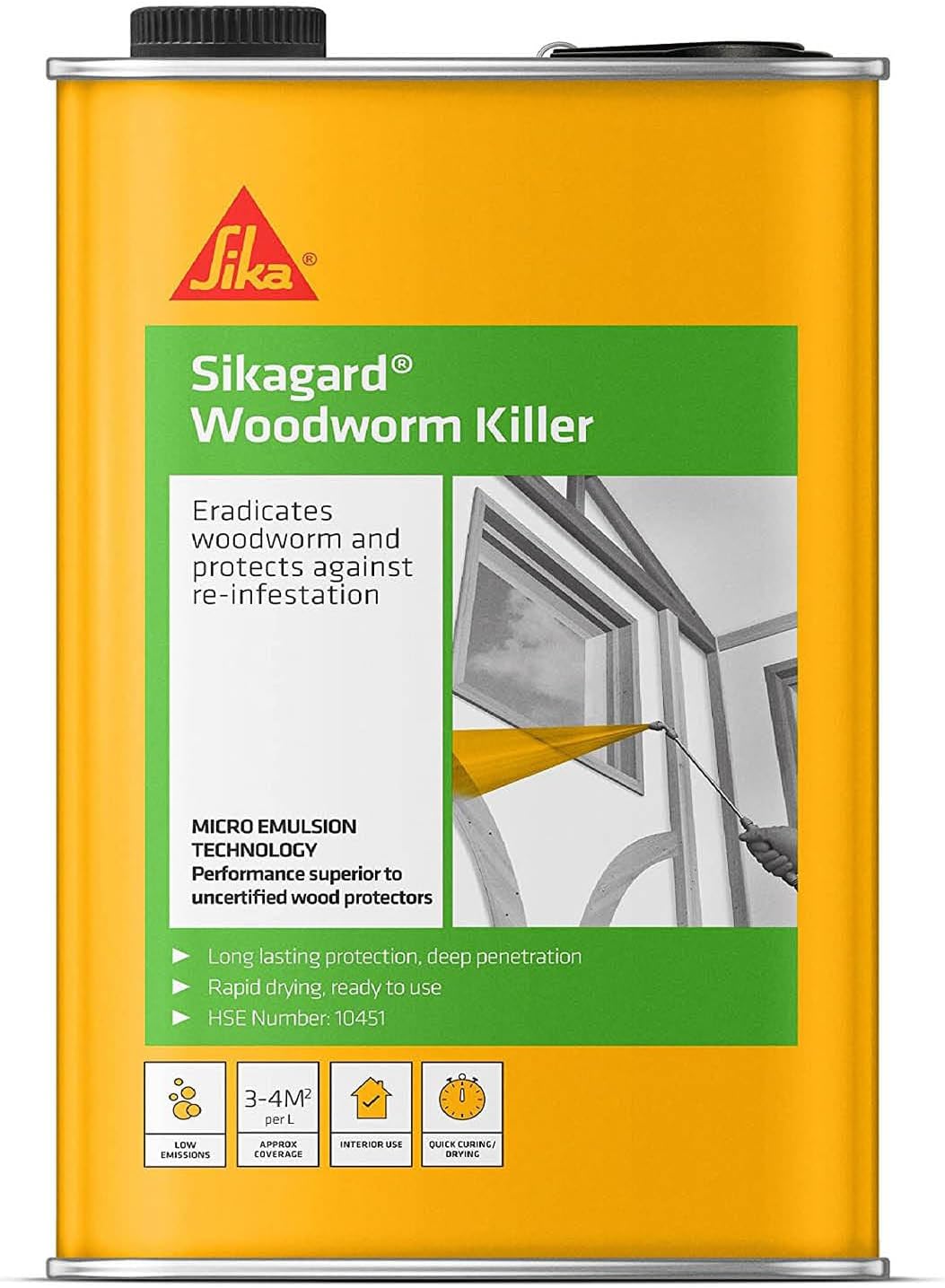 Sika Sikagard Woodworm Killer – Eradicates Woodworm and Protects Against Re-Infestation – Fast-Drying – Non-Flammable – Clear – 5 Litre