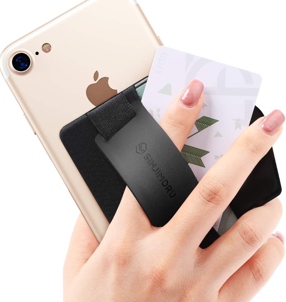 Sinjimoru Phone Grip Card Holder with Phone Stand, Secure Stick on Wallet for iPhone with Kickstand for Table. Sinji Pouch B-Grip Black