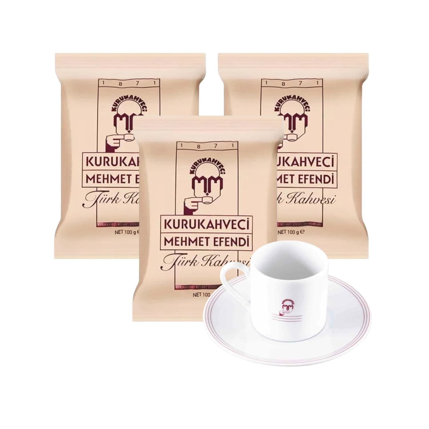 KURUKAHVECI MEHMET EFENDI Turkish Coffee SET, Arabica Beans, Roasted Ground,Rich Aroma, Fresh, Medium to Heavy-bodied, Original Taste Since 1871 (3.52 OZ / 100 Gr) Pack of 3 with Coffee Mug