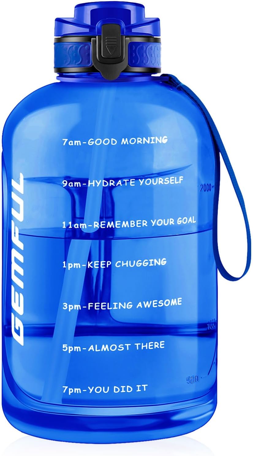 GEMFUL 3L Water Bottle with Straw & Handle, Large Capacity Leakproof BPA-Free Time Marker Motivational Jug for Outdoor Camping Fitness Men & Women (Royal Blue with Removable Straw)