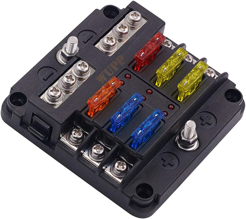WUPP 12 Volt Fuse Block, Waterproof Boat Fuse Panel with LED Warning Indicator Damp-Proof Cover, 6 Circuits with Negative Bus Fuse Box for Car Marine RV Truck DC 12-24V