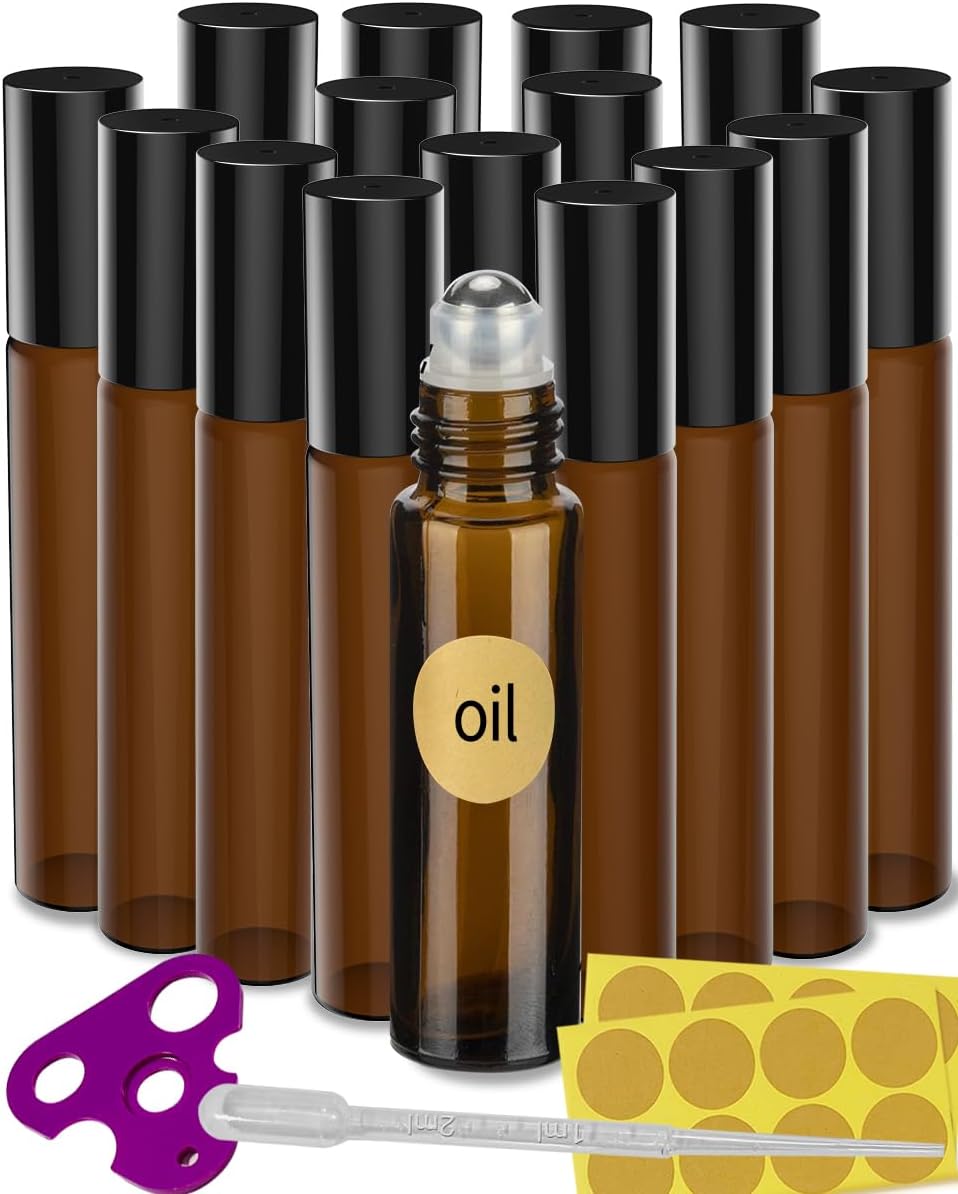XYUXWLG 16Pcs Essential Oils Roller Bottles, 10ml Amber Glass Roller Bottles with Caps Glass Roll on Bottles with Opener, Dropper, for Essential Oil, Fragrance, Perfume, Aromatherapy