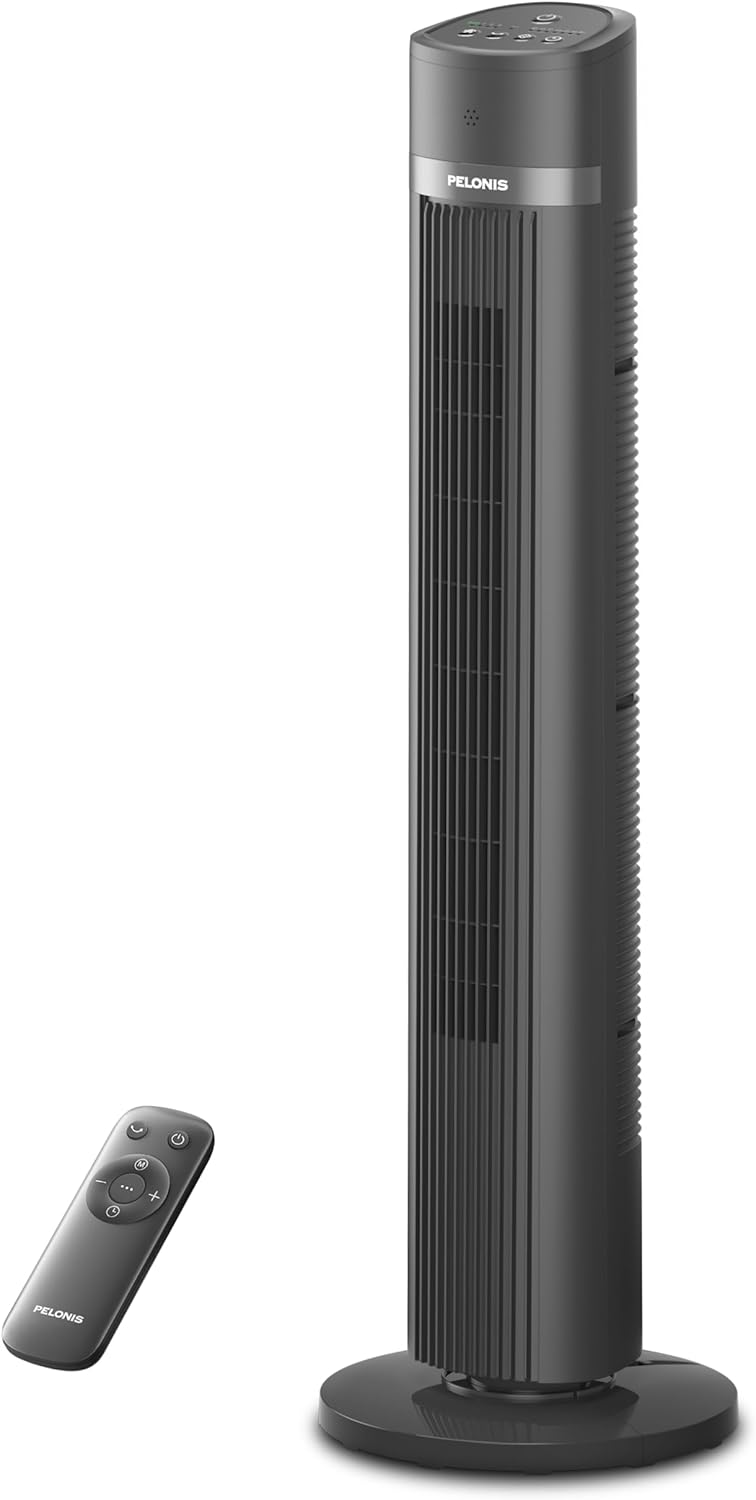 PELONIS 40 inch Bladeless Tower Fan for Bedroom, Standing Fan with Remote Control, 26ft/s, 90° Oscillation, 3 Speed Settings, 27 Db, 3 Modes, 15-Hour Timer, LED Display, Fan that Blows Cold Air, Grey