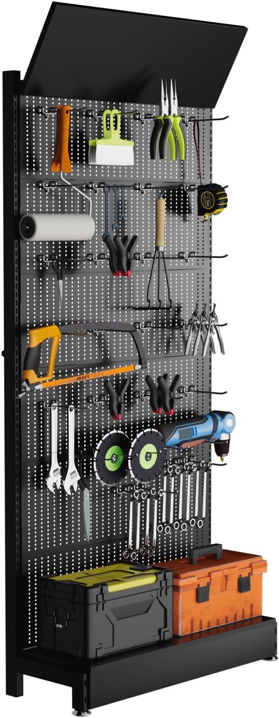 Peg Board Display Stand - Pegboard Shelf with 30 Hooks,85x36x13 in,Portable Metal Pegboard Organizer Gondola Retail Shelving Garage for DIY, Kitchen Decor, Store,Mobile Phone Shop/Black