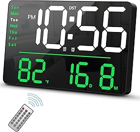 Digital Wall Clock, LED Clock with Remote Control, Digital Clock Large Display with Date Week Temperature for Living Room Decor, 12.6" Large Wall Clocks for Bedroom Office Gym Garage Shop (Green)