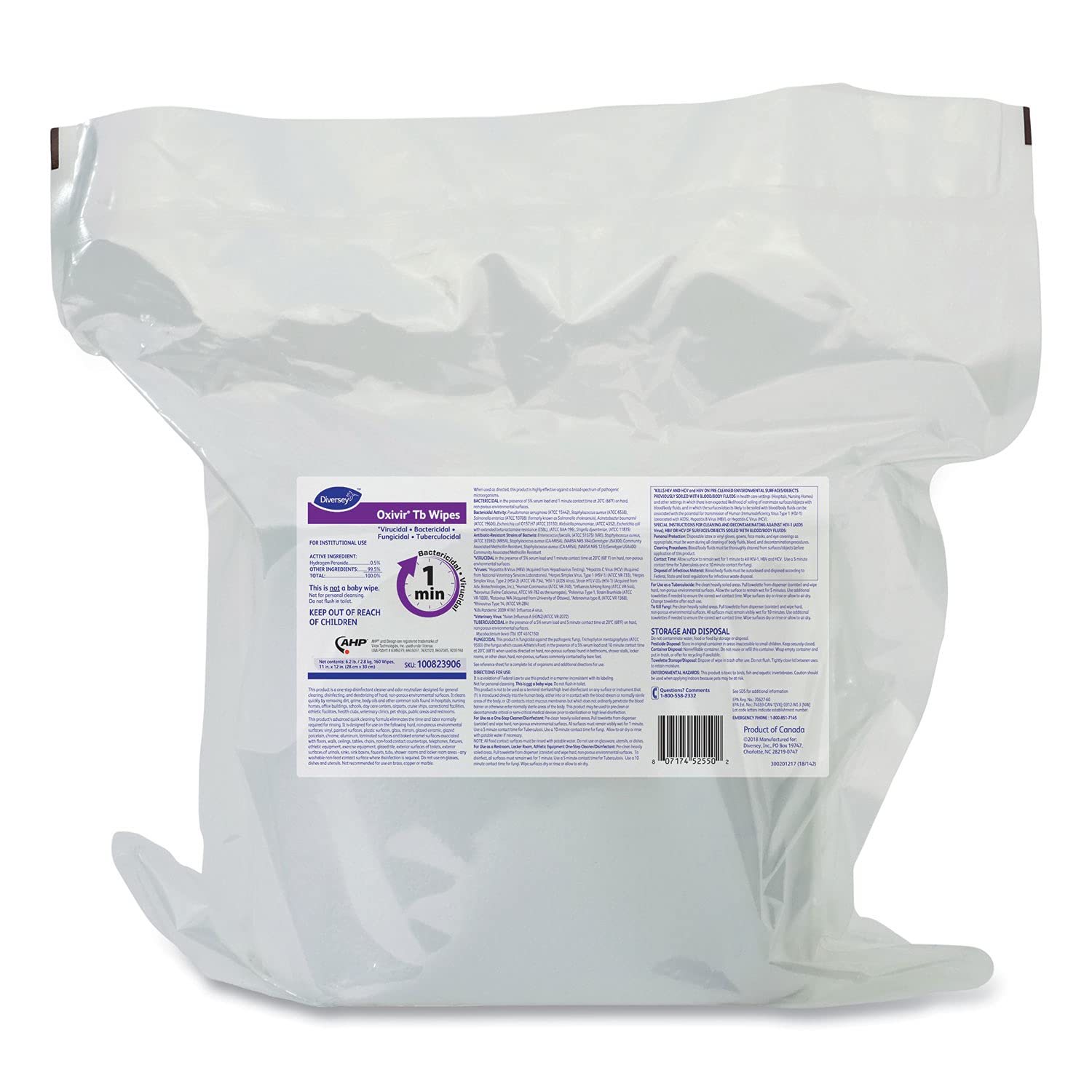Oxivir Diversey Tb 100823906 Ready-to-Use Disinfectant Cleaning Wipes Refill Pouch, Accelerated Hydrogen Peroxide AHP, 11x12-Inch Extra Large Size Sheets, 160-Wipes, 1-Refill Bag (Pack of 4)