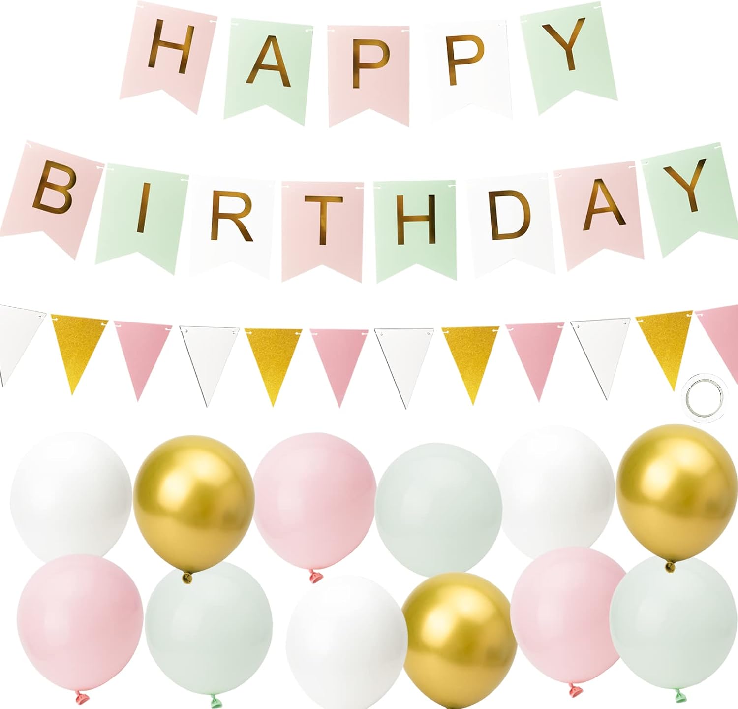 Happy Birthday Banner, Birthday Party Decorations Birthday Balloon Banner for Girls Women, 12” Happy Birthday Balloons Birthday Decorations Supplies Green Pink.